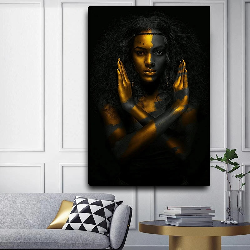 Black & Gold African Nude Woman Indian Oil Painting on Canvas Posters and Prints