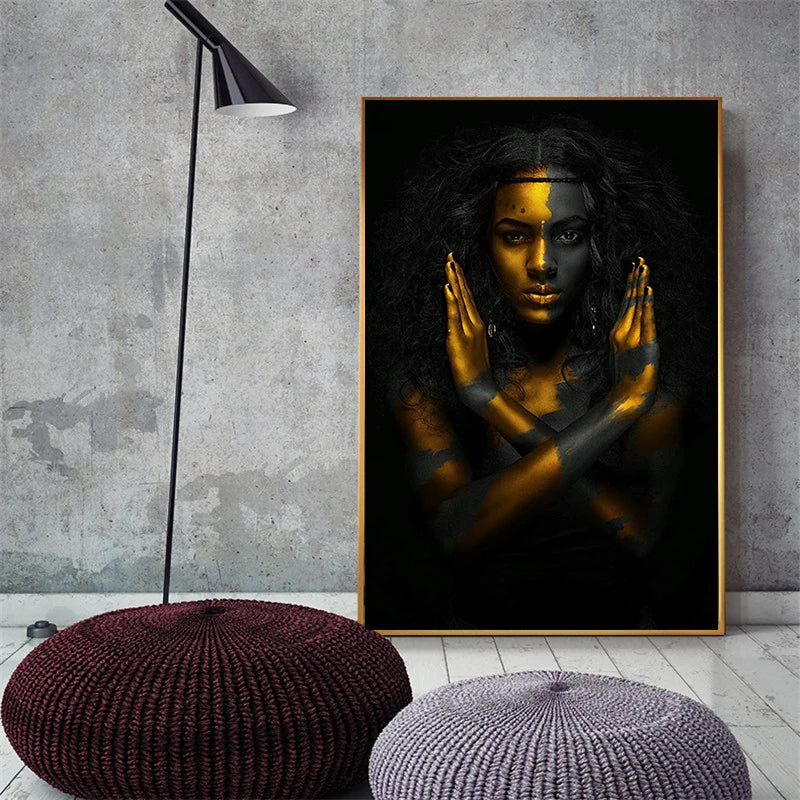 Black & Gold African Nude Woman Indian Oil Painting on Canvas Posters and Prints