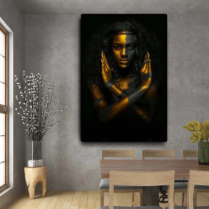 Black & Gold African Nude Woman Indian Oil Painting on Canvas Posters and Prints